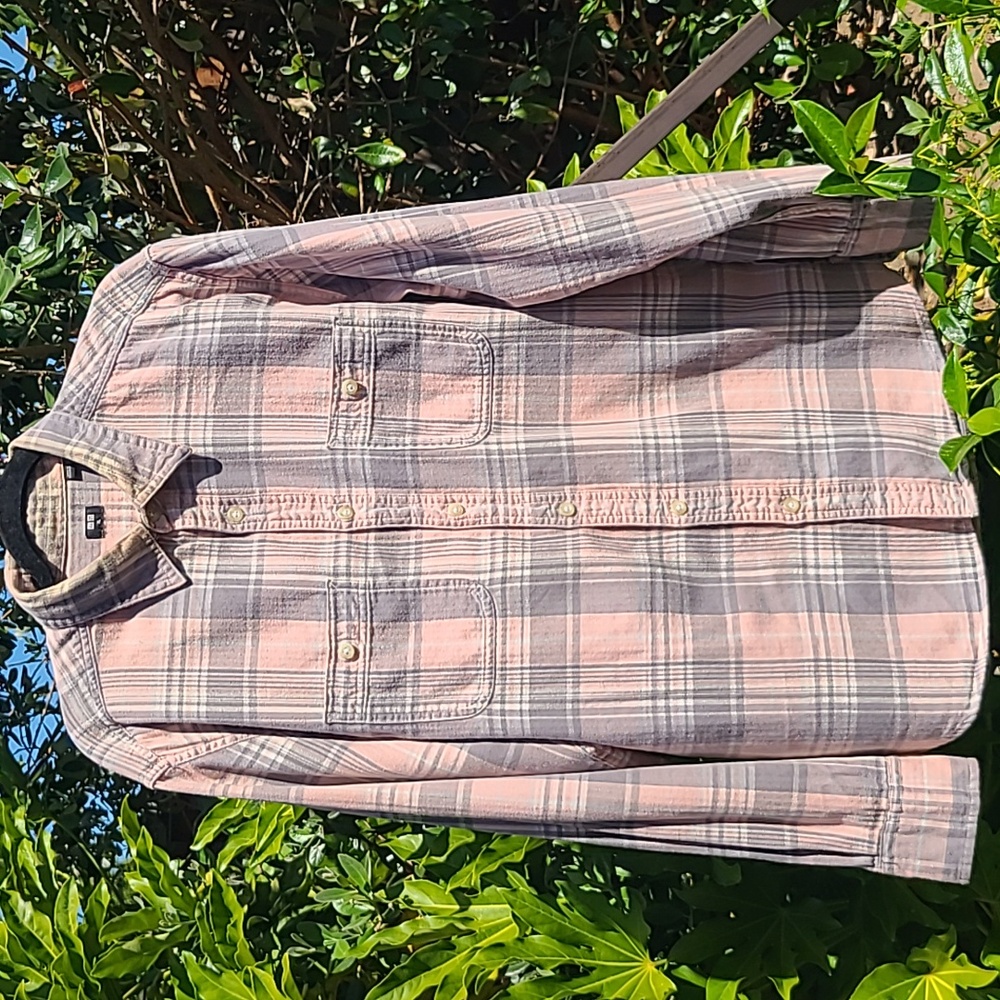 UNIQLO Pink, Gray & Cream Plaid Flannel Shirt Size XL